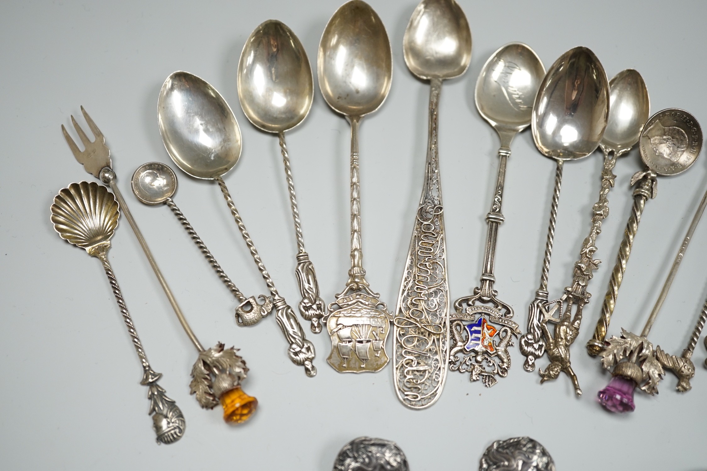 A collection of small silver and white metal spoons and forks including commemorative and three Art Nouveau silver buttons, Birmingham, 1901.